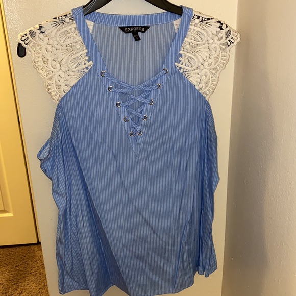 Blue & White Striped Lacey Express Top Size Large - Picture 4 of 7